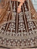 Rich Brown Coding Embroidery Net Sangeet Wear Lehenga Choli With Dupatta - Zeel Clothing