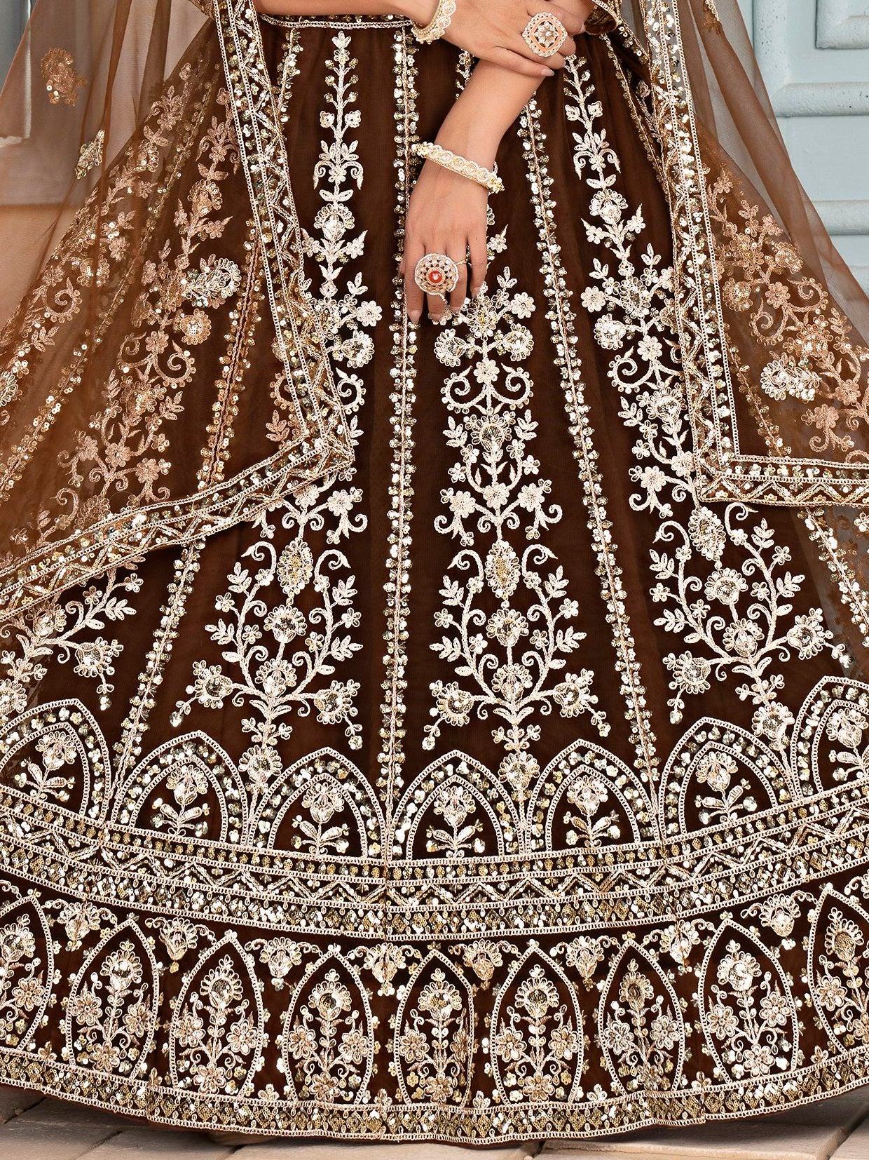 Rich Brown Coding Embroidery Net Sangeet Wear Lehenga Choli With Dupatta - Zeel Clothing