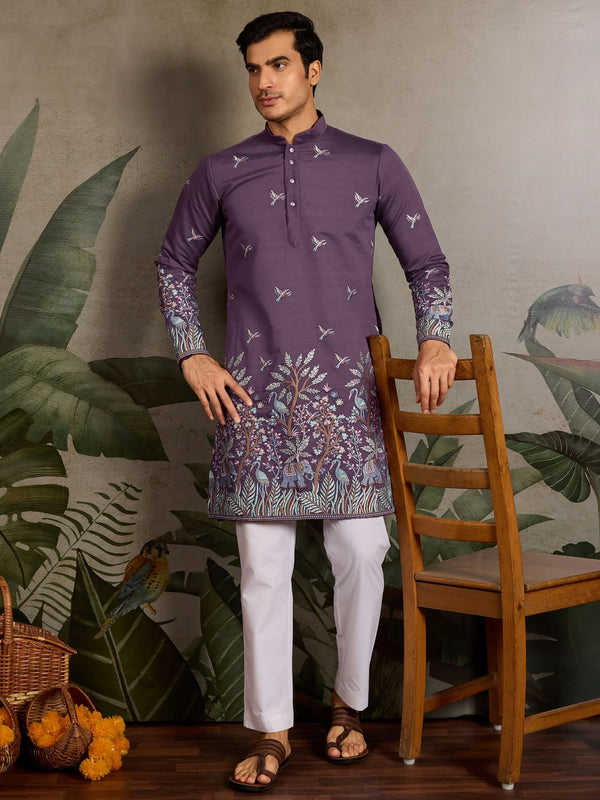 Rich Dusty Purple Embroidered Viscose Silk Engagement Wear Men Kurta