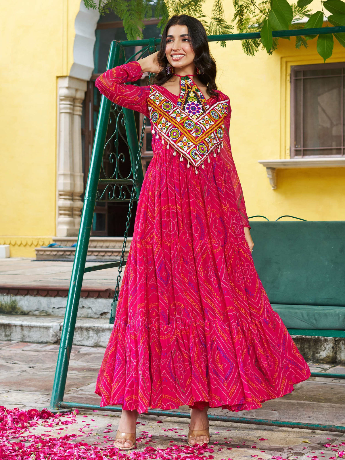 Rich Hot Pink Bandhani Printed Georgette Navratri Wear Gown - Zeel Clothing