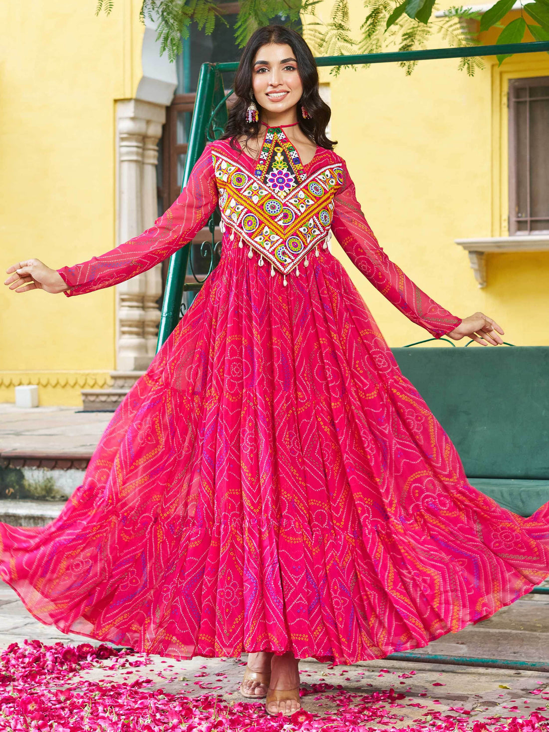 Rich Hot Pink Bandhani Printed Georgette Navratri Wear Gown - Zeel Clothing