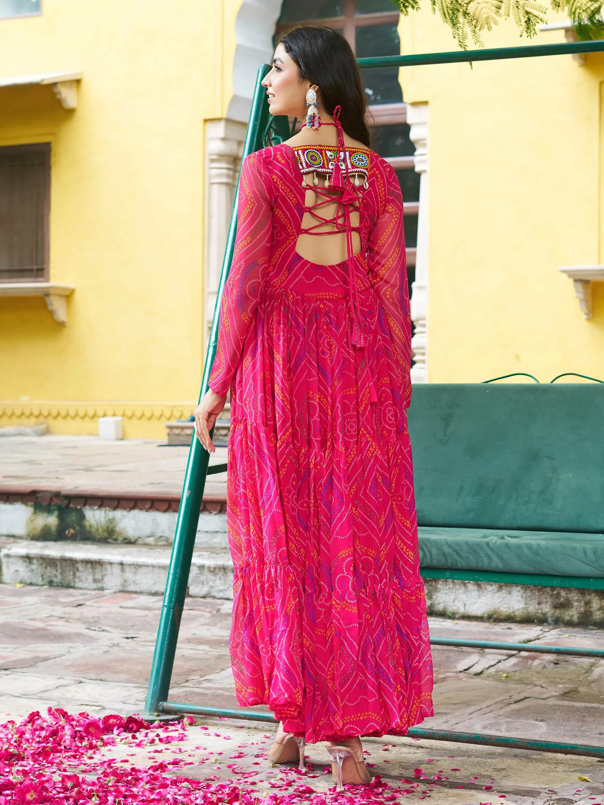 Rich Hot Pink Bandhani Printed Georgette Navratri Wear Gown - Zeel Clothing
