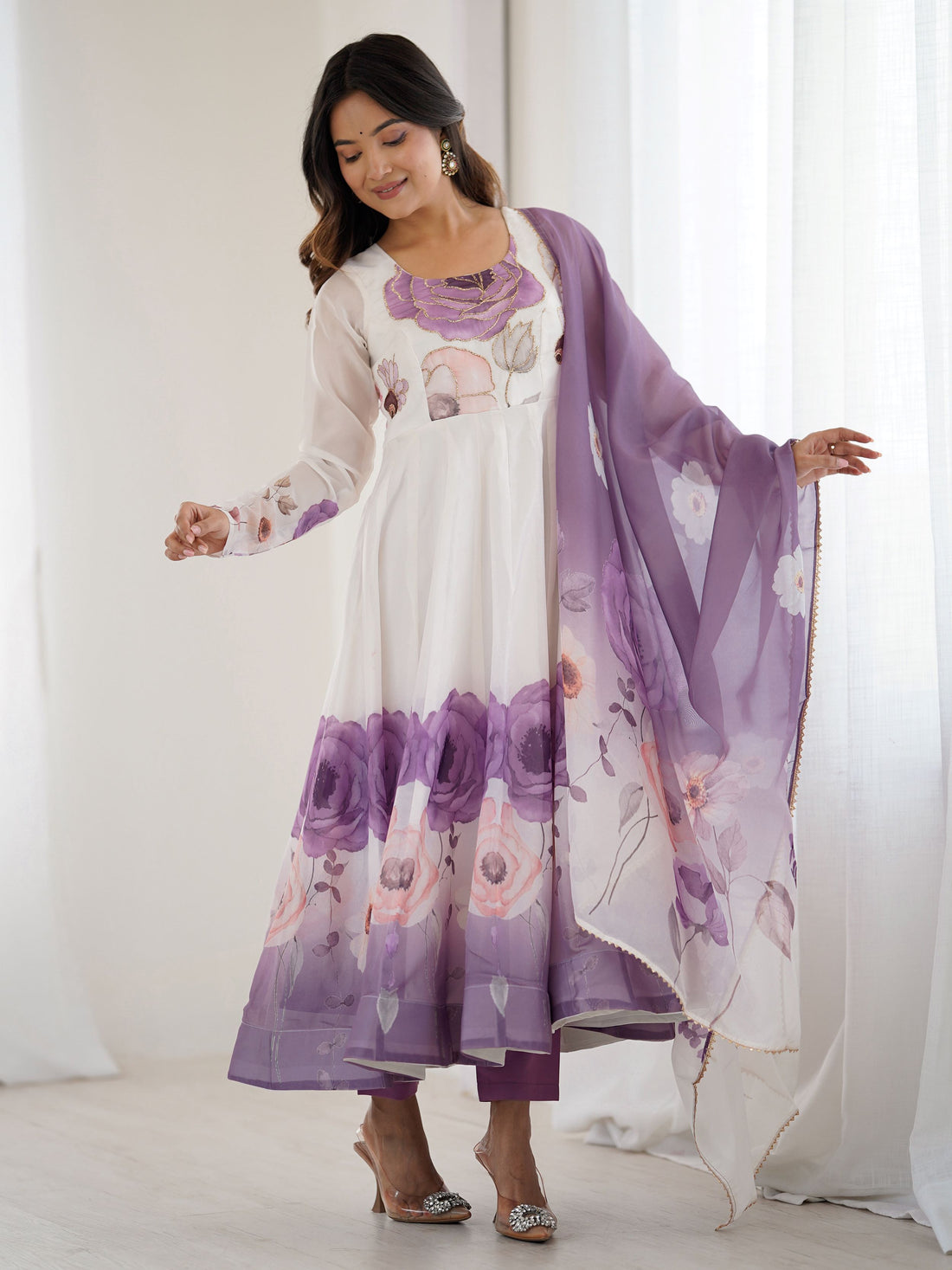 Rich Mauve Floral Printed Organza Event Wear Anarkali Suit With Dupatta