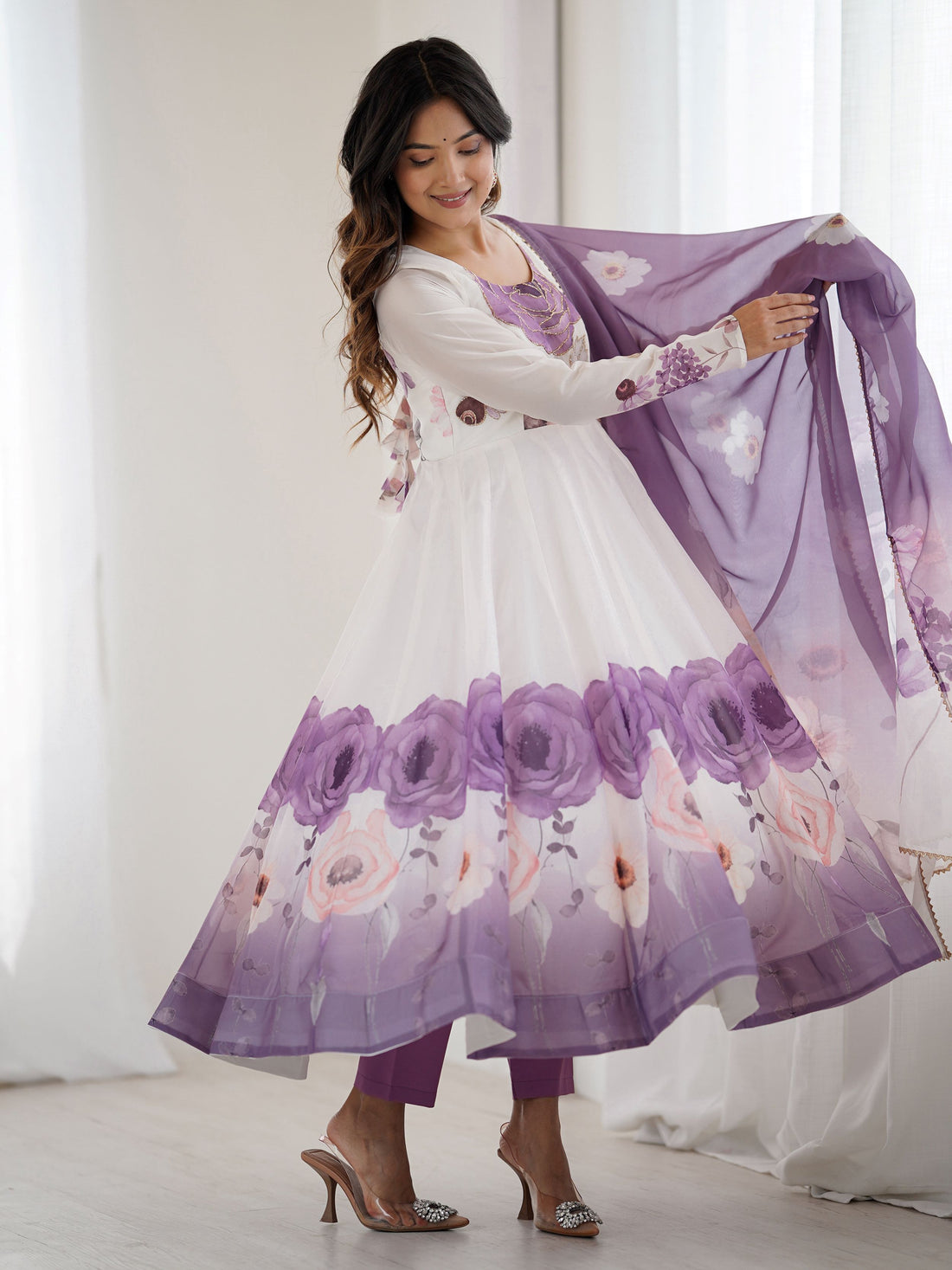 Rich Mauve Floral Printed Organza Event Wear Anarkali Suit With Dupatta