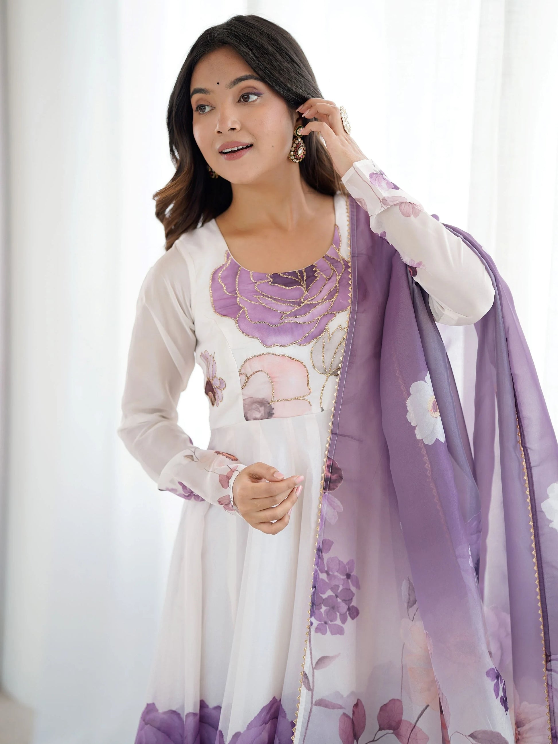Rich Mauve Floral Printed Organza Event Wear Anarkali Suit With Dupatta