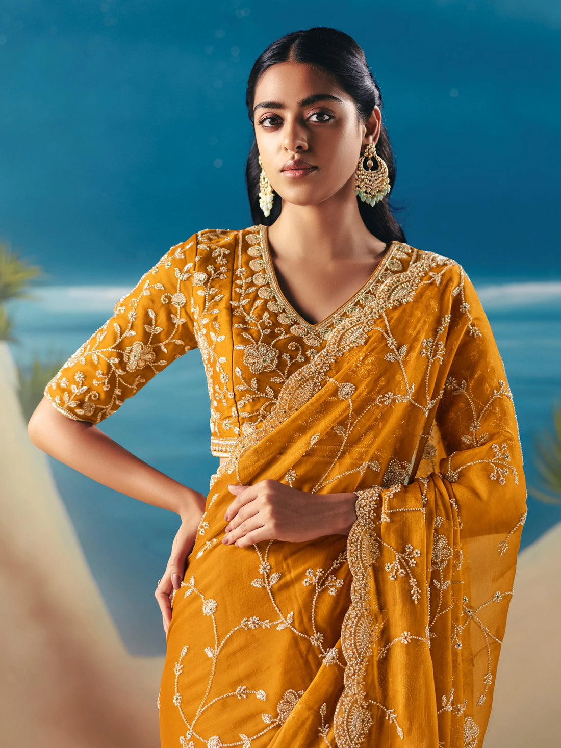 Rich Mustard Yellow Heavy Embroidered Georgette Event Wear Saree With Blouse