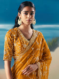Rich Mustard Yellow Heavy Embroidered Georgette Event Wear Saree With Blouse