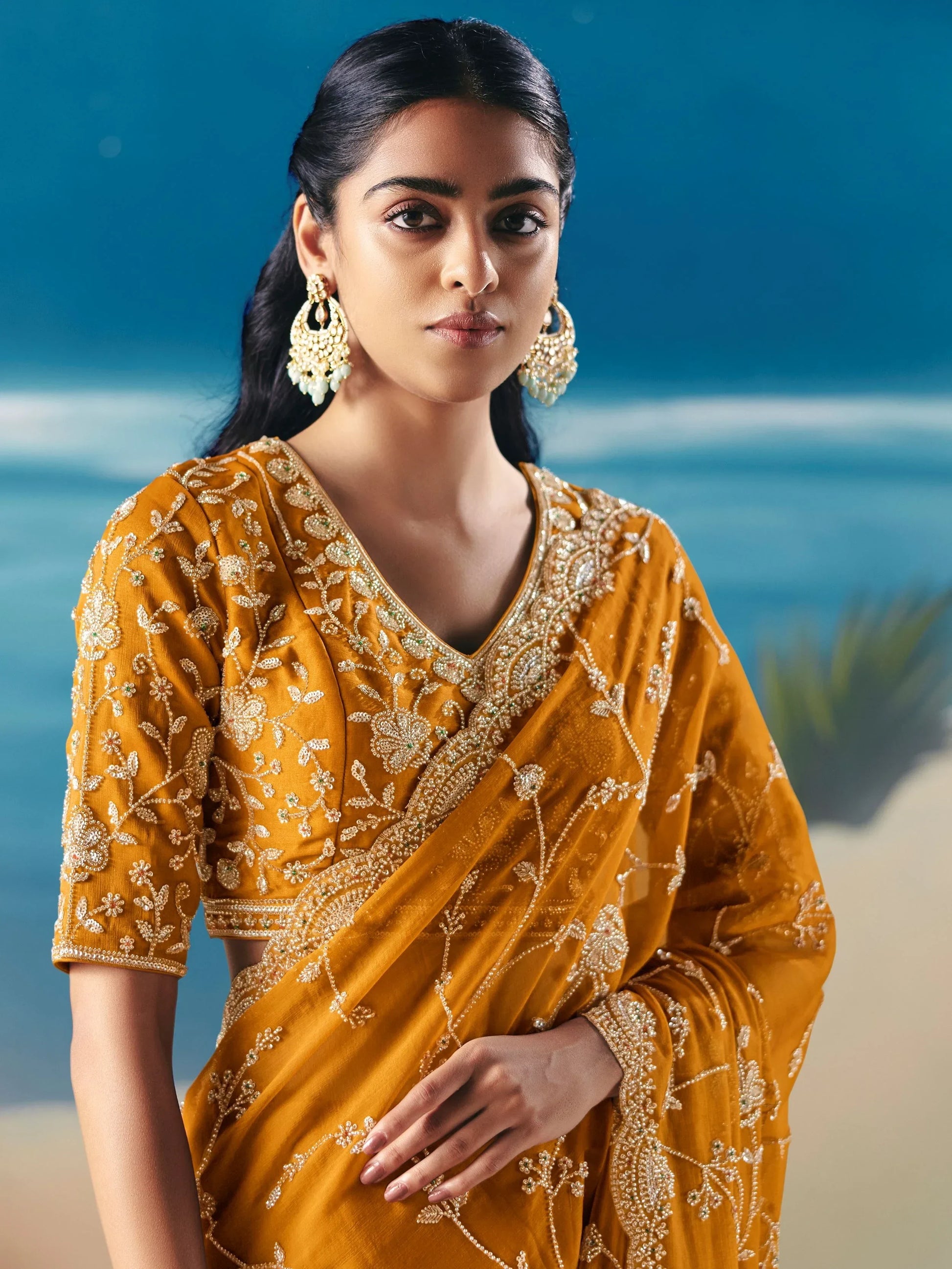 Rich Mustard Yellow Heavy Embroidered Georgette Event Wear Saree With Blouse