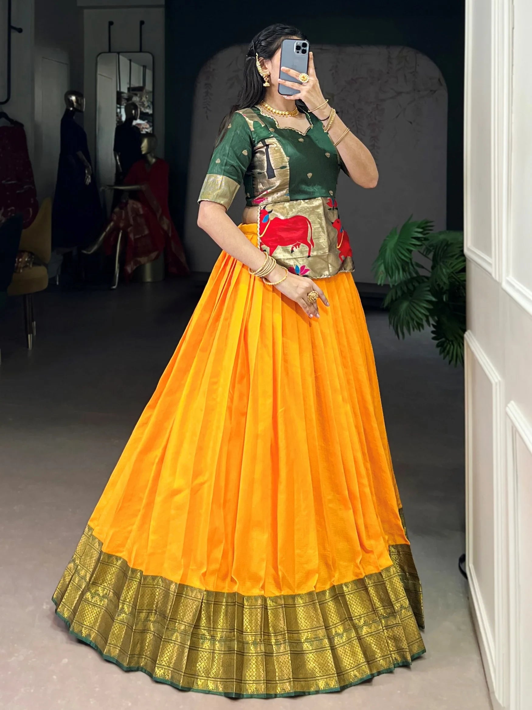 Rich Mustard Yellow Zari Weaving Tussar Silk Haldi Wear Crop Top Lehenga