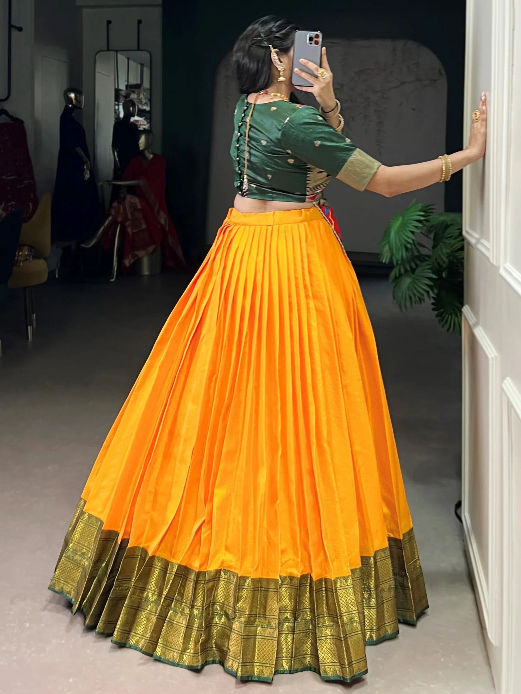 Rich Mustard Yellow Zari Weaving Tussar Silk Haldi Wear Crop Top Lehenga