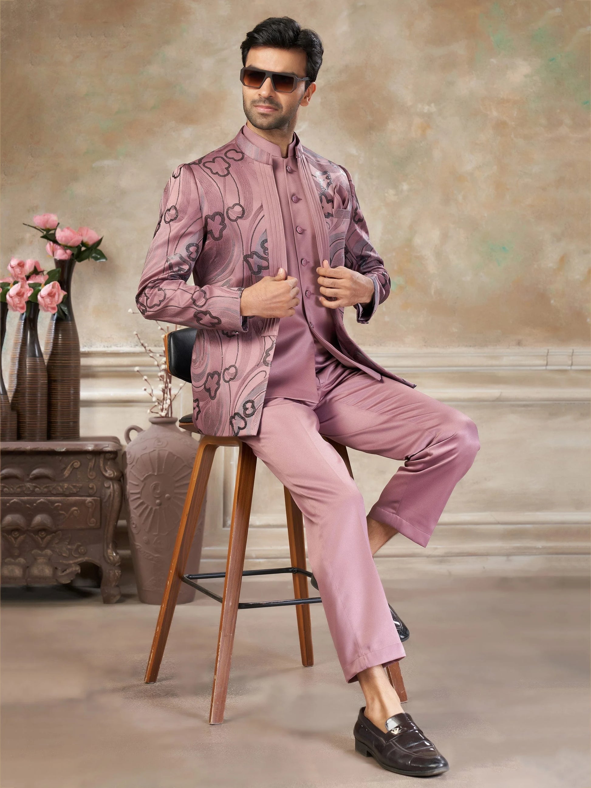 Rich Pink Embroidered Imported Event Wear Jothpuri Set For Men