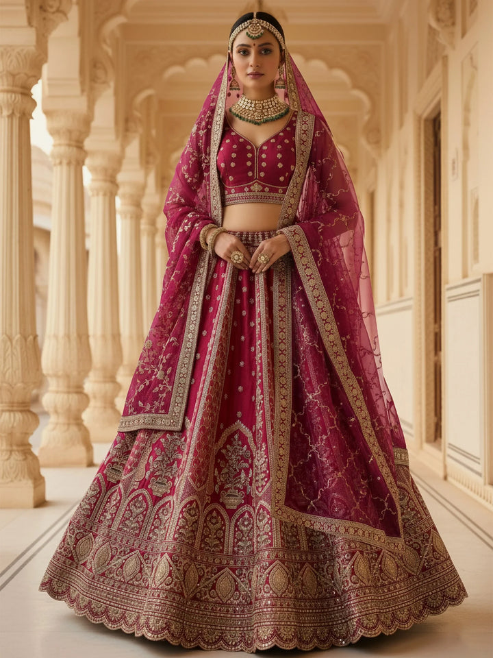 Rich Pink Zari Embroidered Silk Traditional Lehenga Choli With Double Dupatta