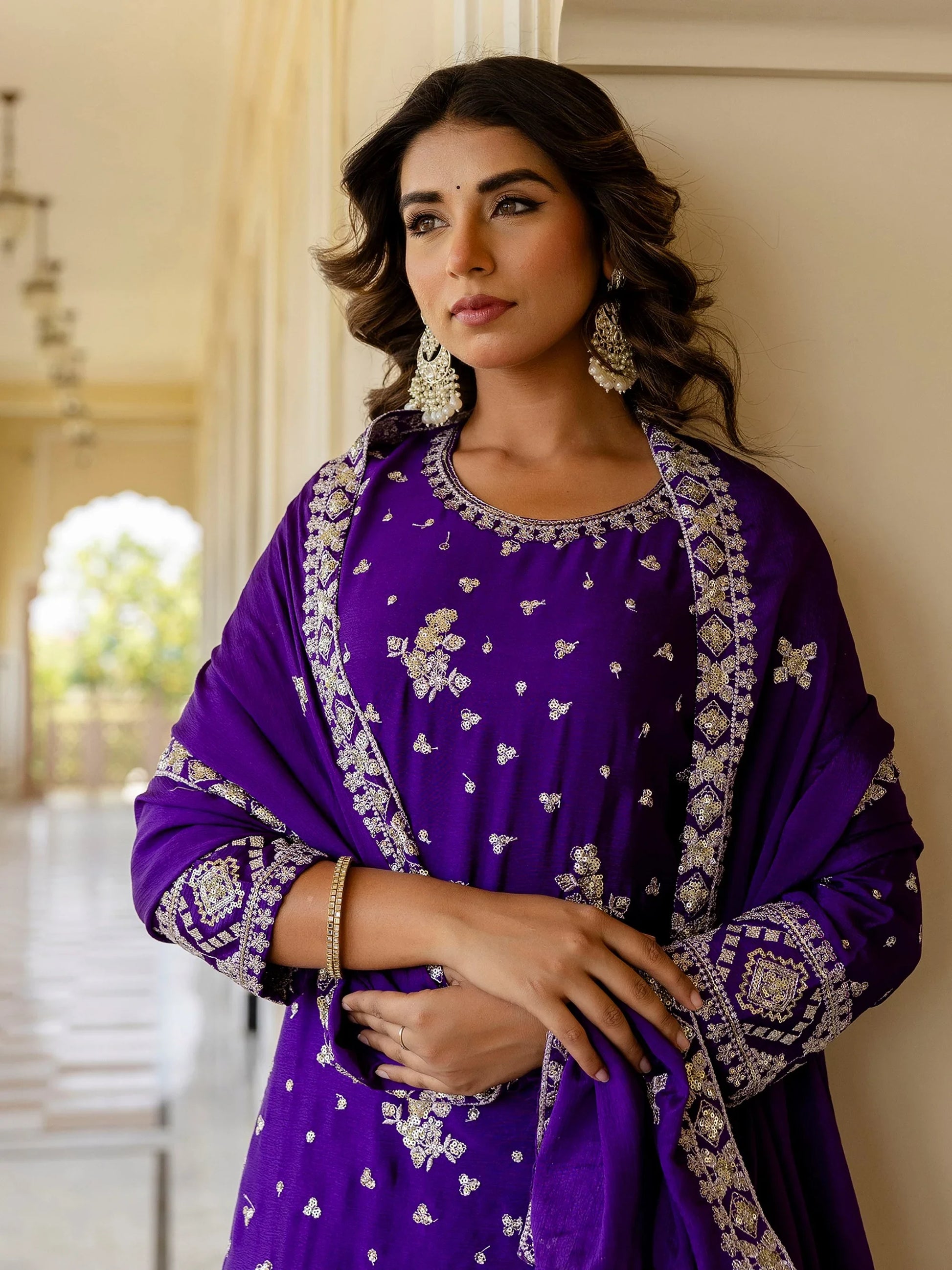 Rich Purple Zari Work Chinon Traditional Gharara Suit With Dupatta