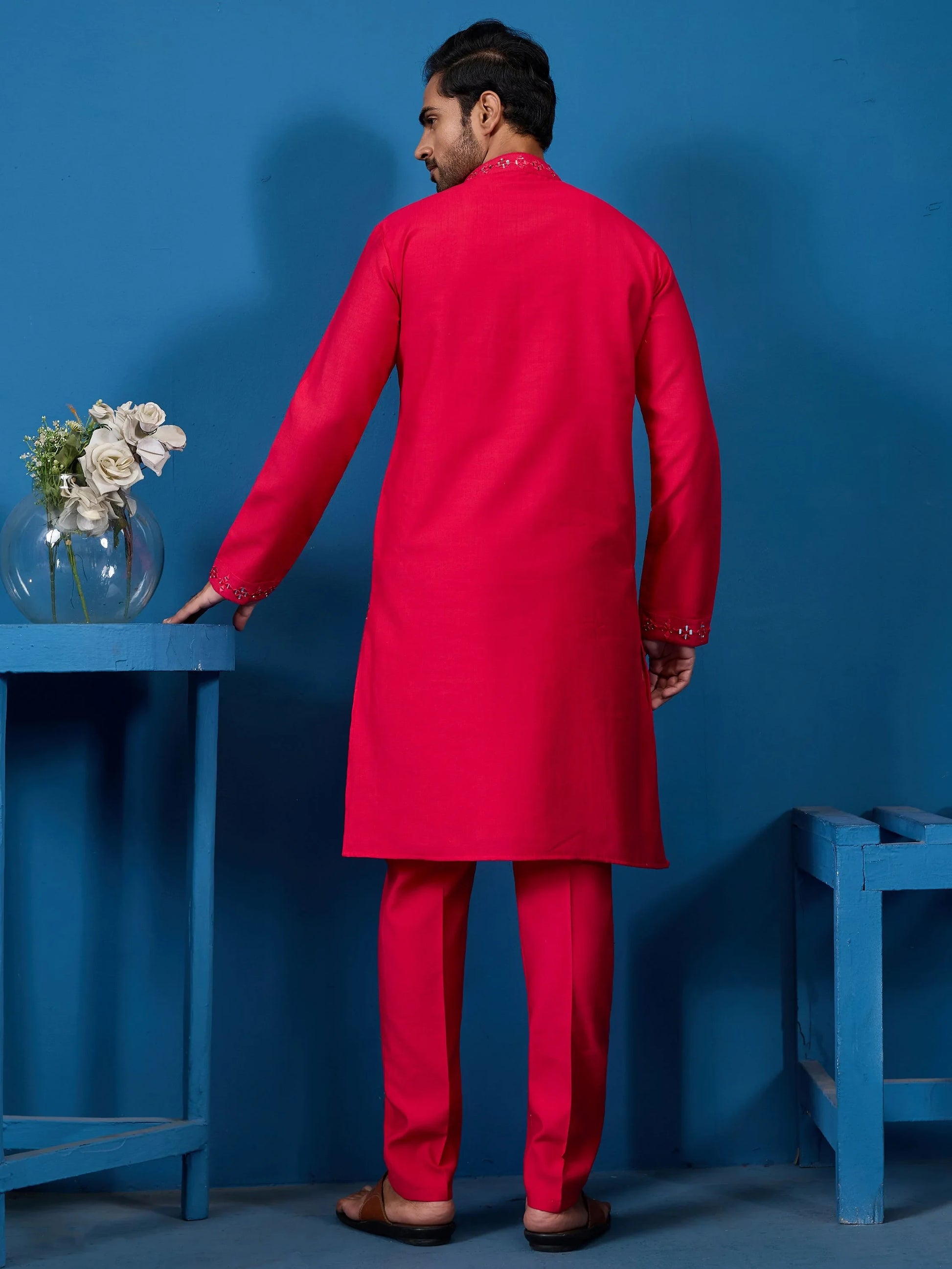 Rich Rani Pink Thread Work Viscose Silk Wedding Wear Men Kurta With Pant