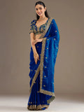 Rich Royal Blue Embroidered Tissue Designer Saree With Blouse