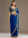 Rich Royal Blue Embroidered Tissue Designer Saree With Blouse