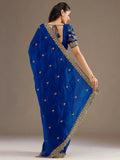 Rich Royal Blue Embroidered Tissue Designer Saree With Blouse