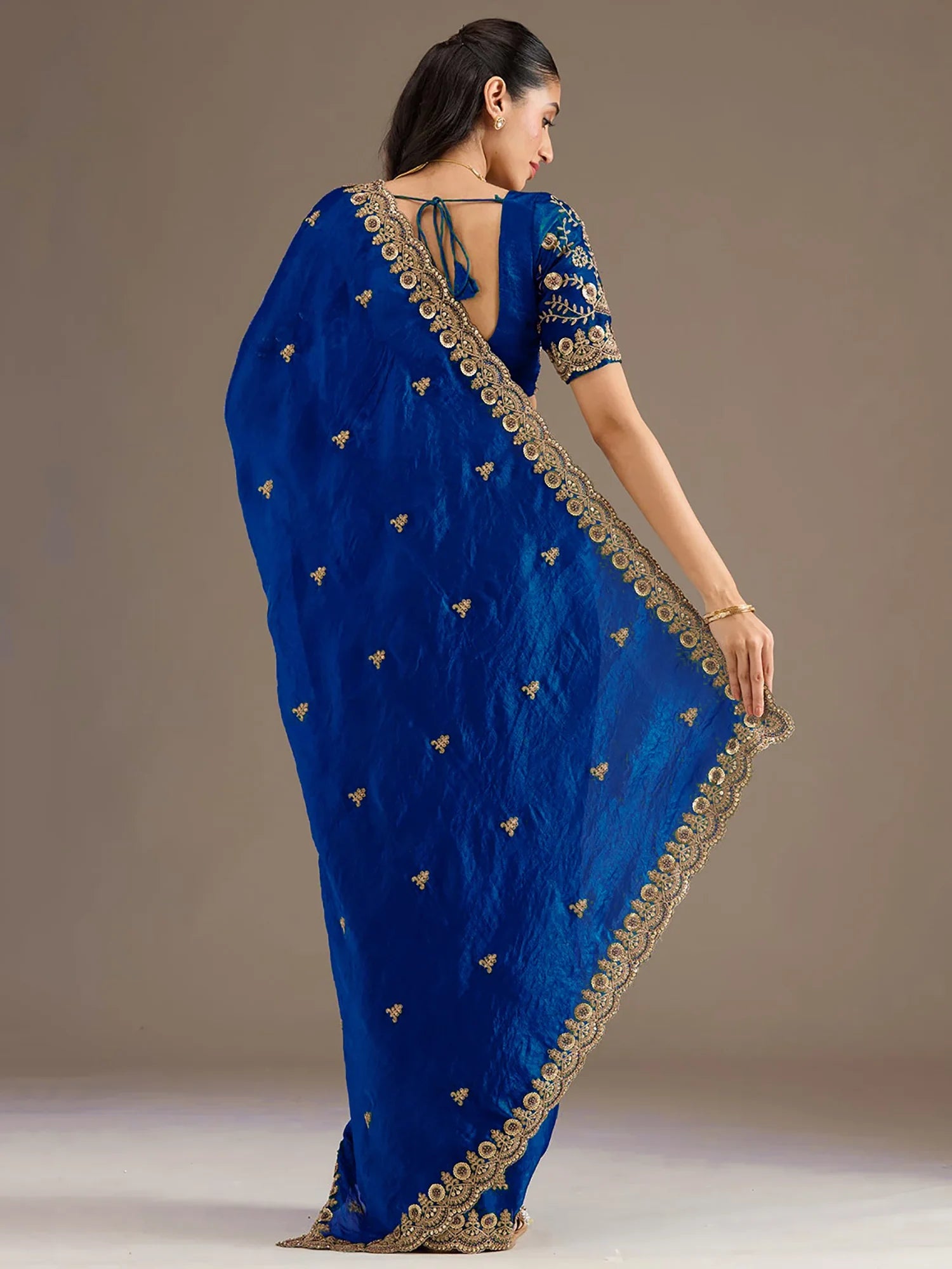 Rich Royal Blue Embroidered Tissue Designer Saree With Blouse