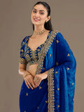 Rich Royal Blue Embroidered Tissue Designer Saree With Blouse