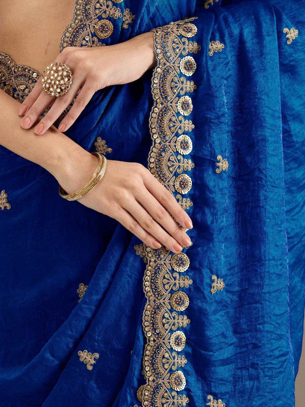 Rich Royal Blue Embroidered Tissue Designer Saree With Blouse