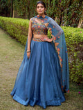 Rich Teal Blue Thread Work Silk Function Wear Lehenga Choli With Dupatta