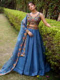 Rich Teal Blue Thread Work Silk Function Wear Lehenga Choli With Dupatta
