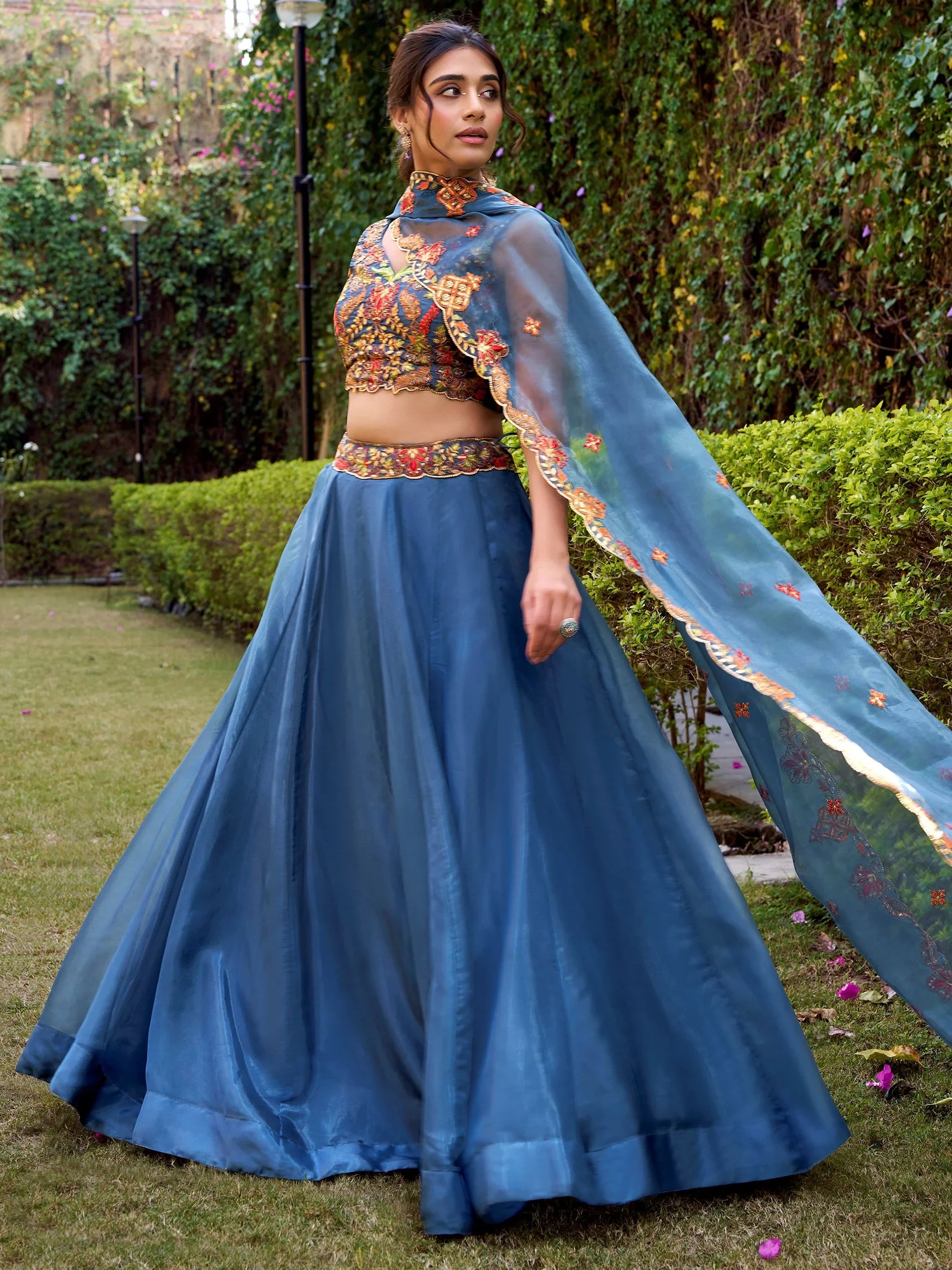 Rich Teal Blue Thread Work Silk Function Wear Lehenga Choli With Dupatta