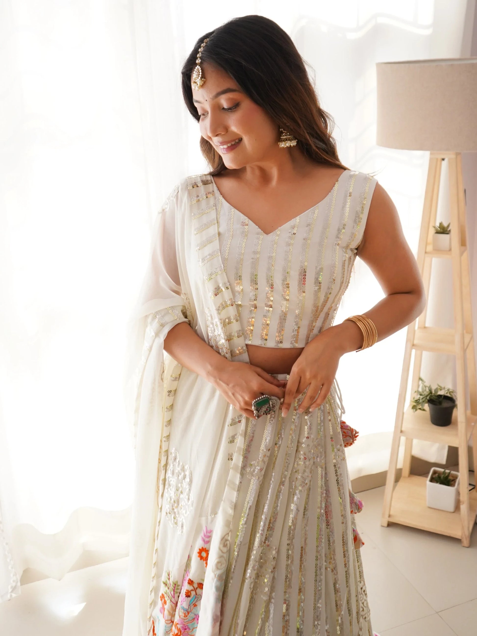 Rich White Sequins Georgette Party Wear Lehenga Choli With Dupatta - Zeel Clothing
