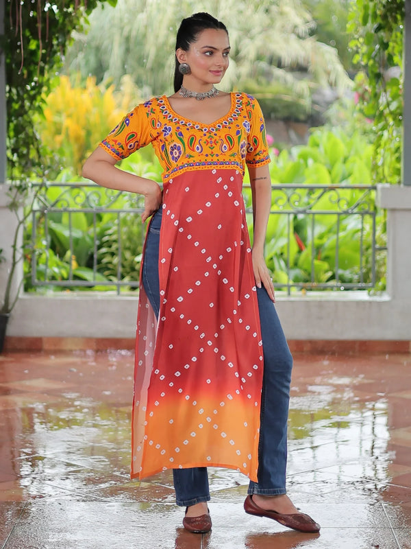 Rich Yellow Gamthi Work Rayon Festive Wear Long Kurti - Zeel Clothing