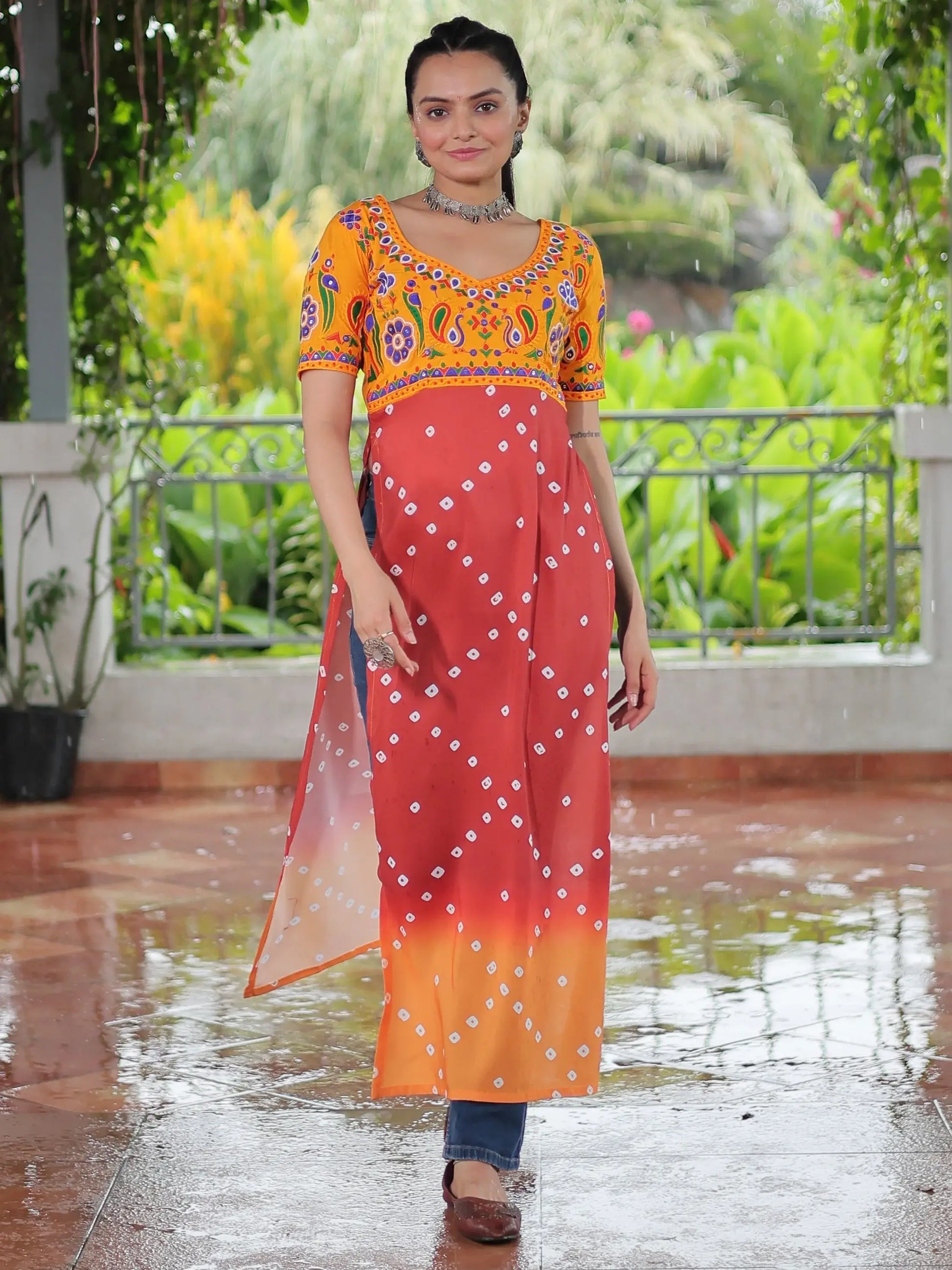 Rich Yellow Gamthi Work Rayon Festive Wear Long Kurti - Zeel Clothing