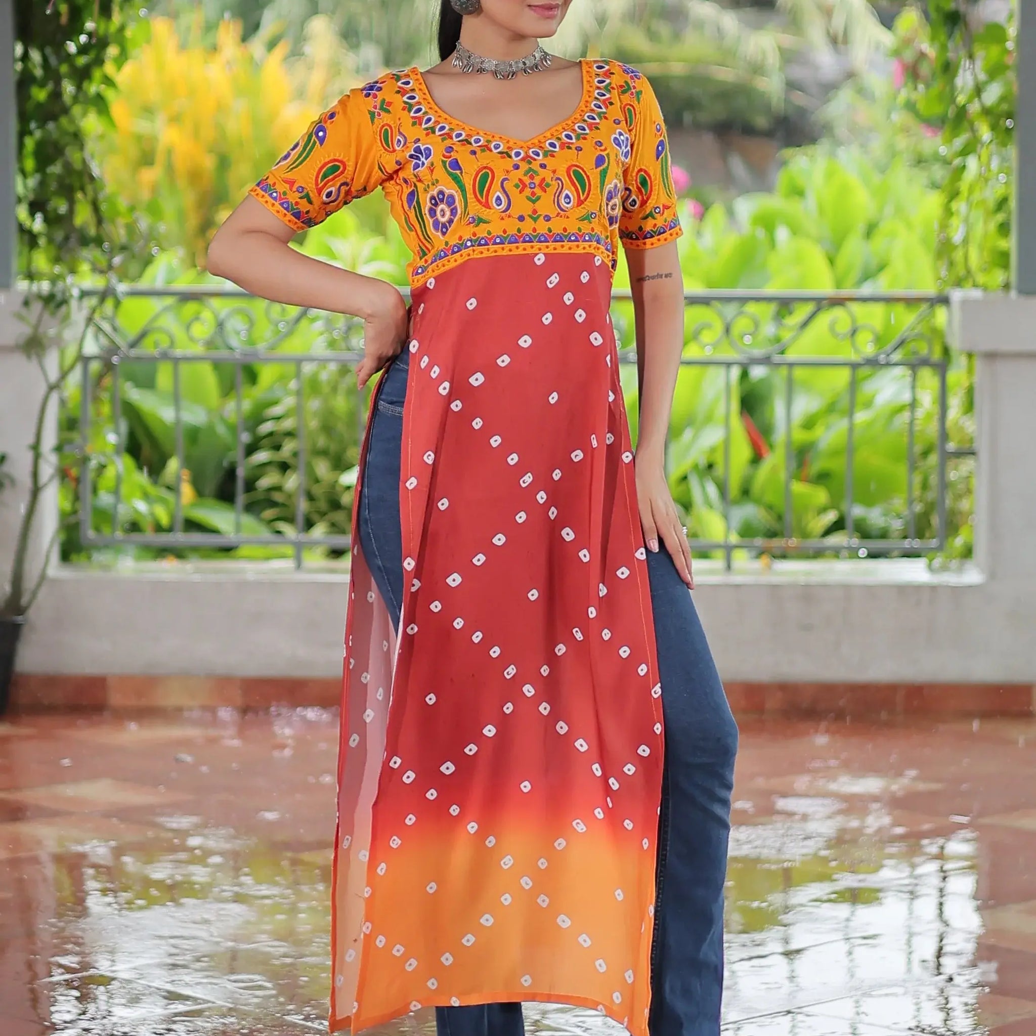 Rich Yellow Gamthi Work Rayon Festive Wear Long Kurti - Zeel Clothing