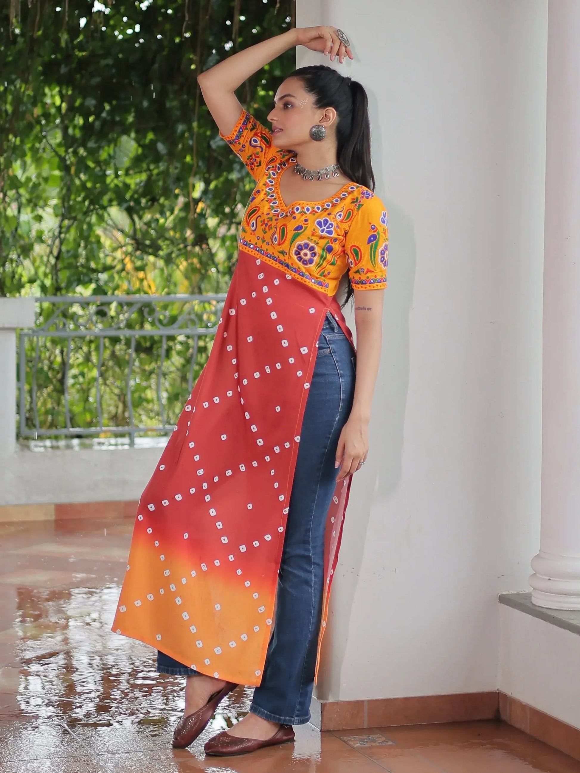 Rich Yellow Gamthi Work Rayon Festive Wear Long Kurti - Zeel Clothing
