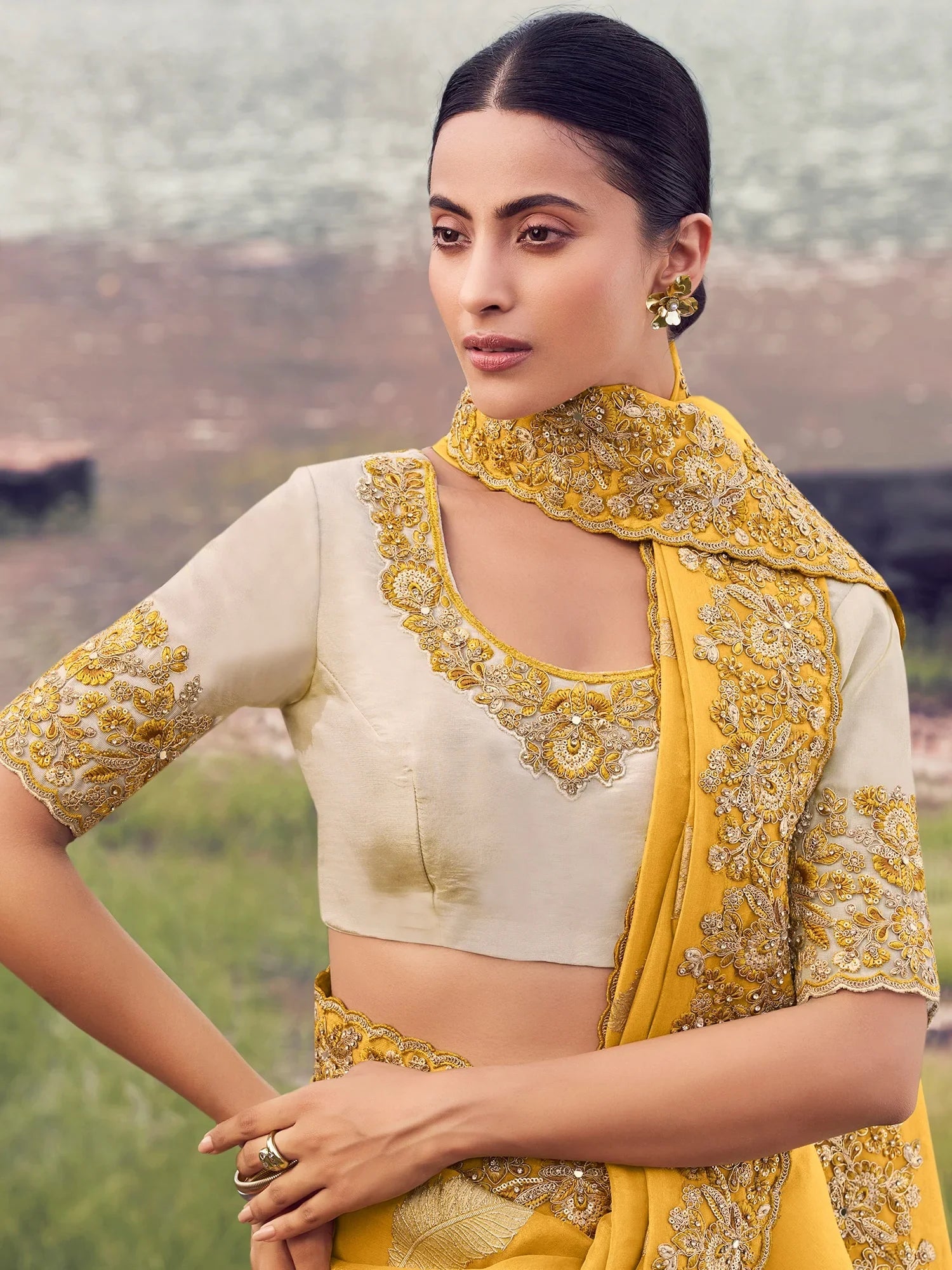 Rich Yellow Jacquard Butti Tissue Haldi Wear Saree With Blouse