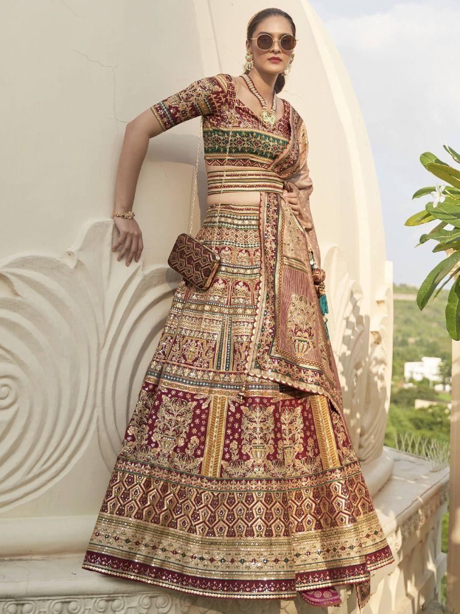 Spectacular Golden & Red Mirror Work Rajwadi Silk Lehenga Choli