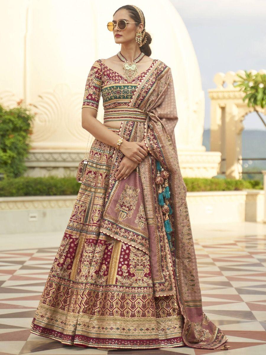 Spectacular Golden & Red Mirror Work Rajwadi Silk Lehenga Choli