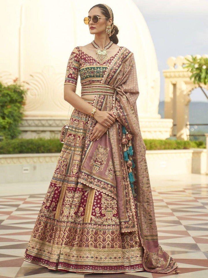 Spectacular Golden & Red Mirror Work Rajwadi Silk Lehenga Choli