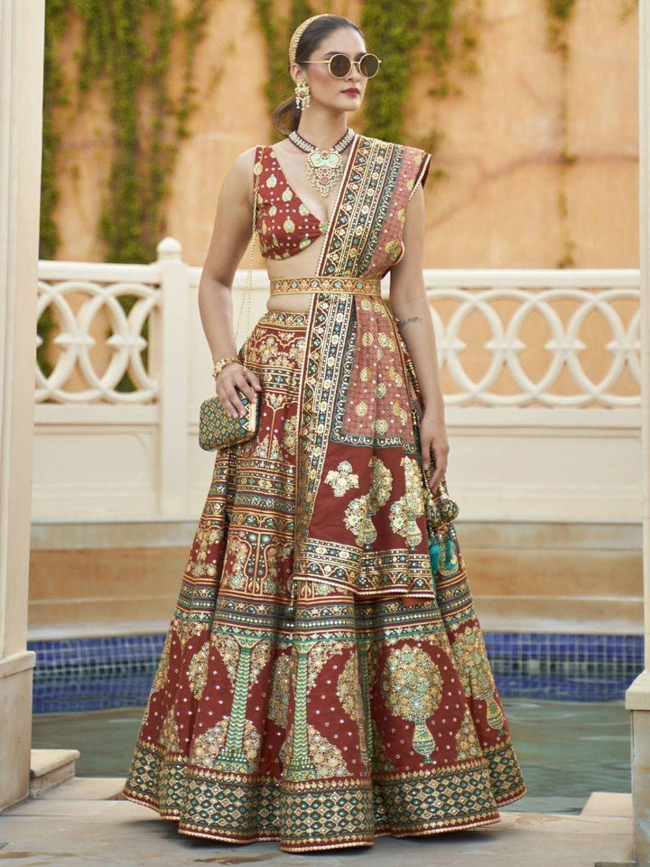 Dazzling Brown Mirror Work Rajwadi Silk Wedding Wear Lehenga Choli
