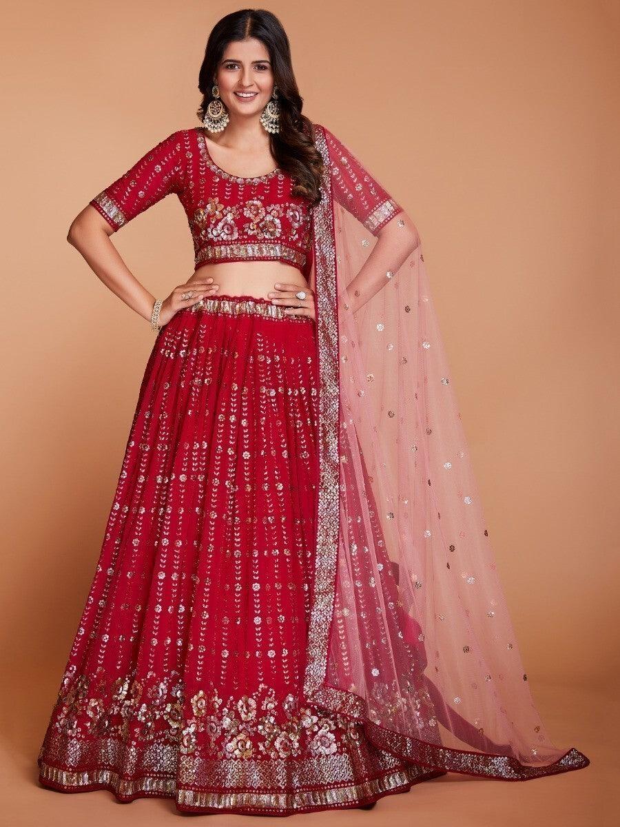 Attractive Red Sequins Georgette Wedding Wear Lehenga Choli With Dupatta