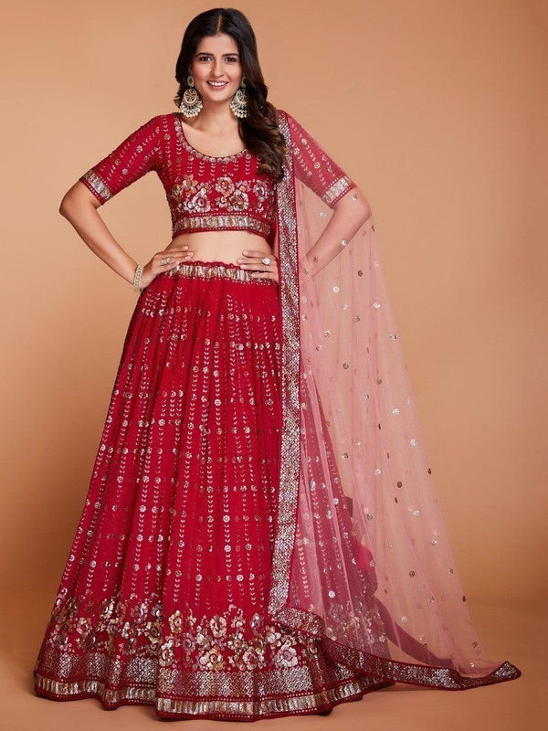 Attractive Red Sequins Georgette Wedding Wear Lehenga Choli With Dupatta