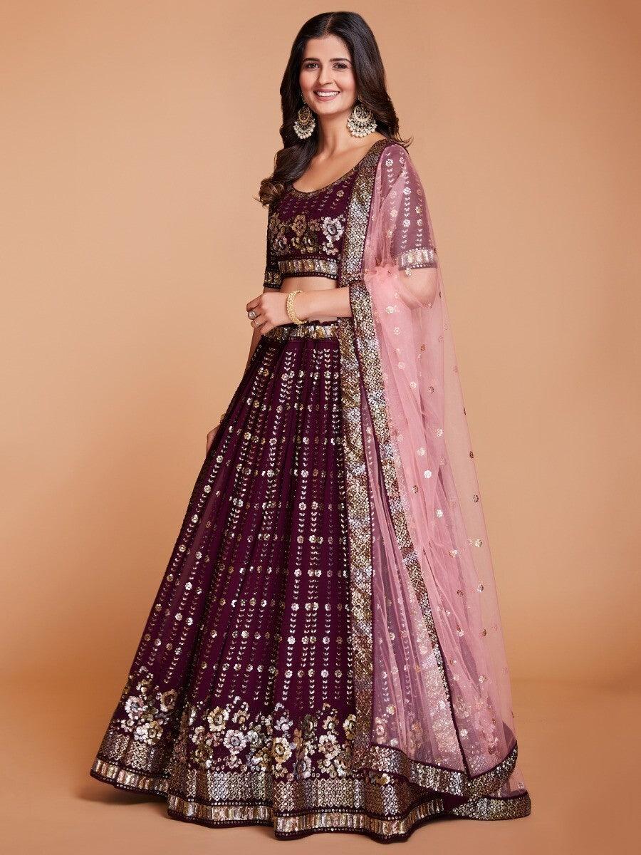 Captivating Purple Sequins Georgette Reception Wear Lehenga Choli
