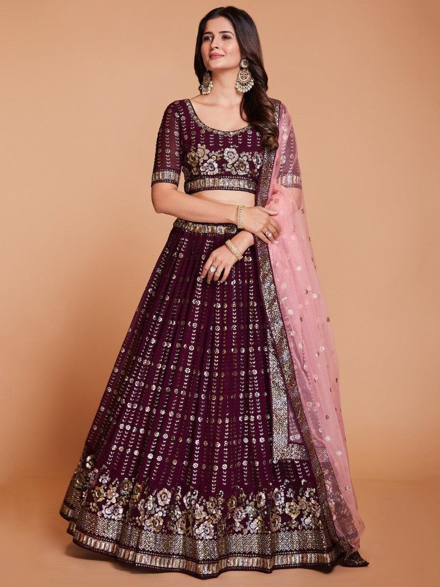 Captivating Purple Sequins Georgette Reception Wear Lehenga Choli