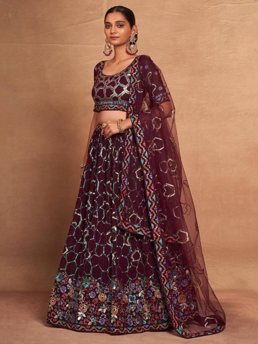 Wonderful Maroon Sequins Georgette Designer Lehenga Choli With Dupatta