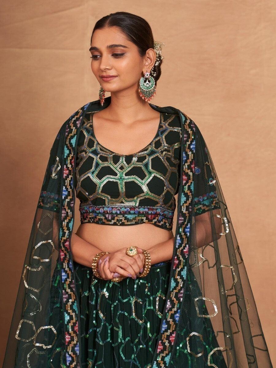 Classic Green Sequins Georgette Sangeet Wear Lehenga Choli