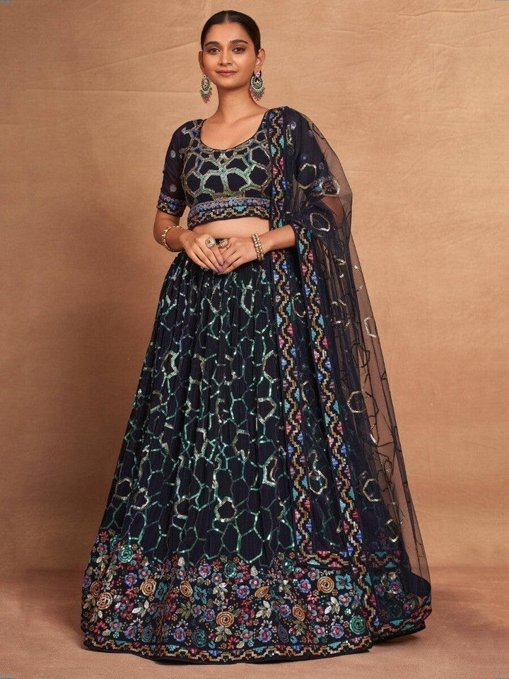 Glamorous Navy-Blue Sequins Georgette Reception Wear Lehenga Choli