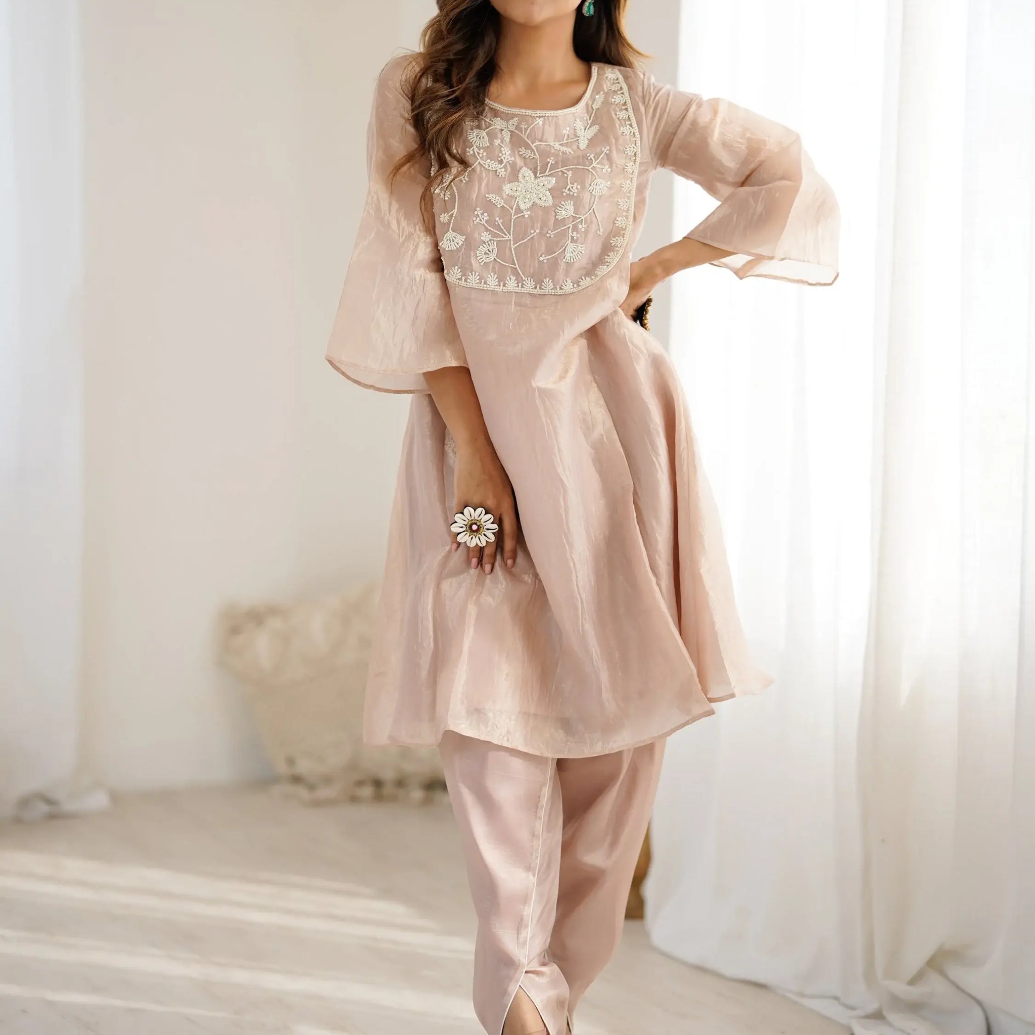 Royal Light Brown Hand Work Organza Party Wear Pant Suit - Zeel Clothing