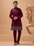 Royal Maroon Thread Work Viscose Silk Groom Wear Men Kurta Set With Jacket