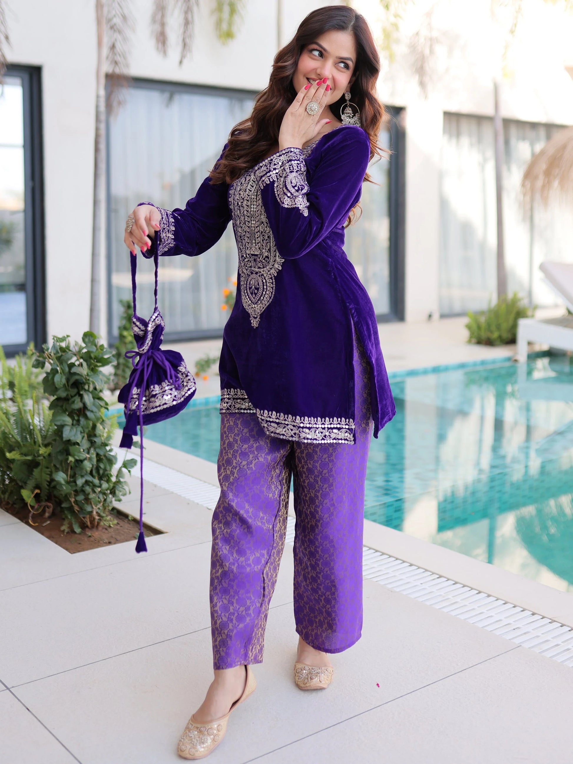 Royal Purple Zari Coding Embroidered Velvet Palazzo Suit With Batwa