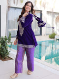 Royal Purple Zari Coding Embroidered Velvet Palazzo Suit With Batwa