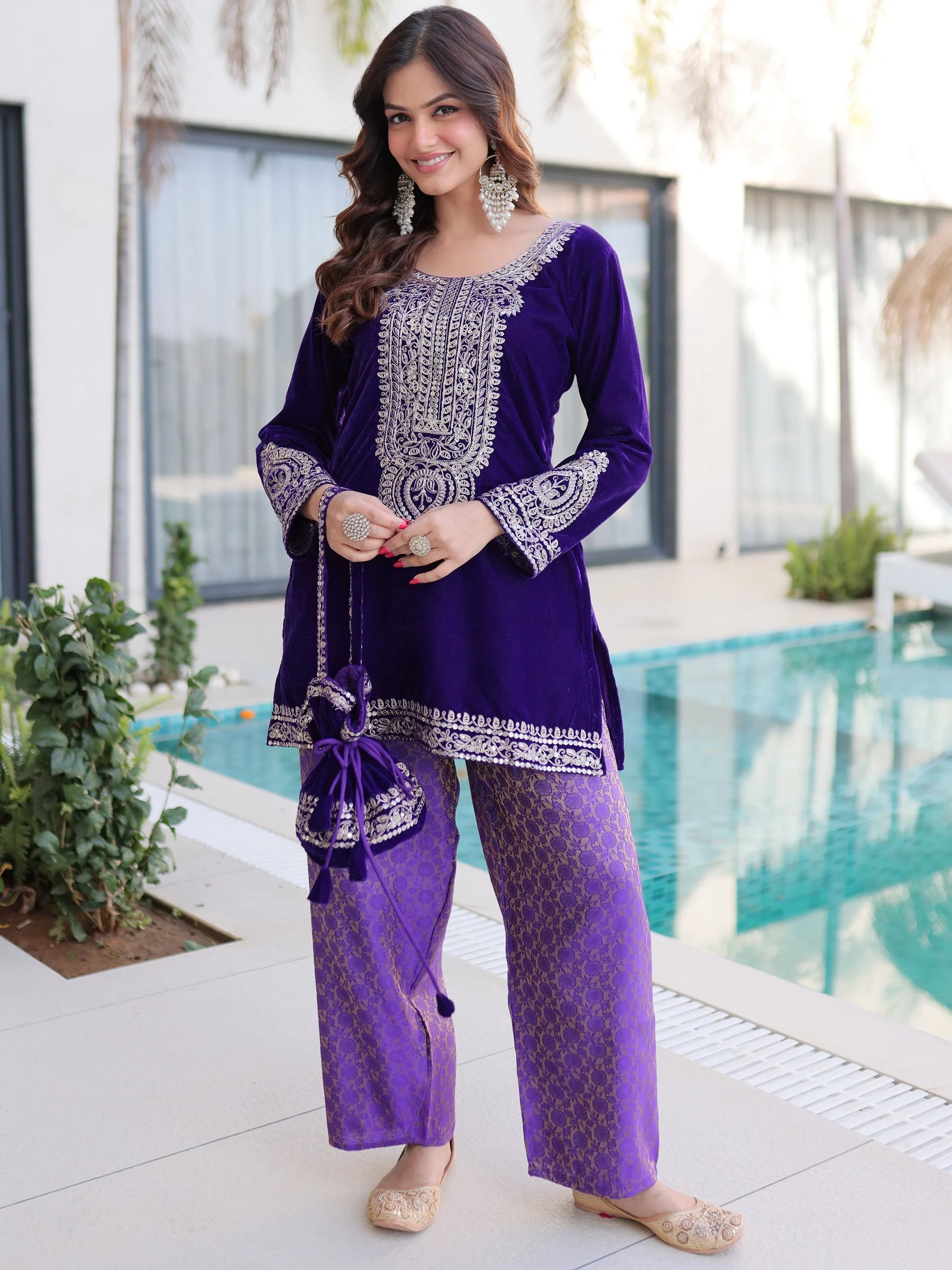 Royal Purple Zari Coding Embroidered Velvet Palazzo Suit With Batwa