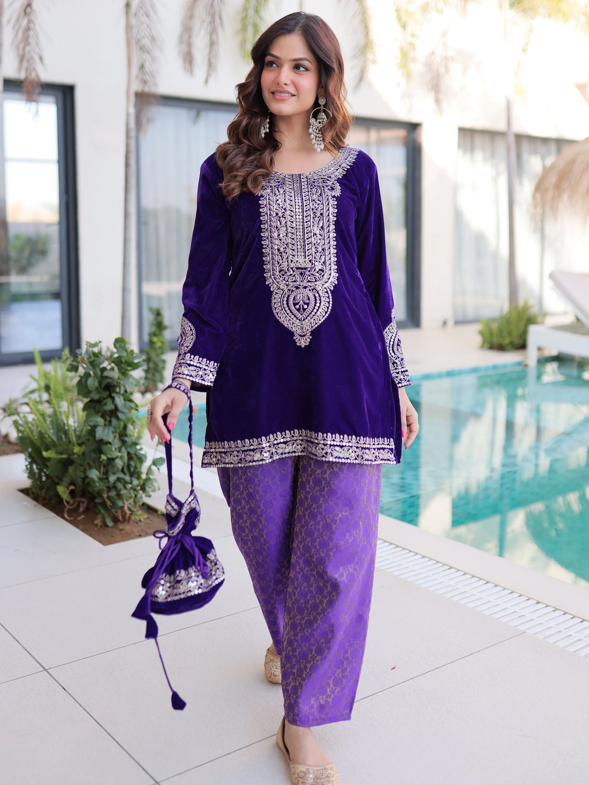 Royal Purple Zari Coding Embroidered Velvet Palazzo Suit With Batwa